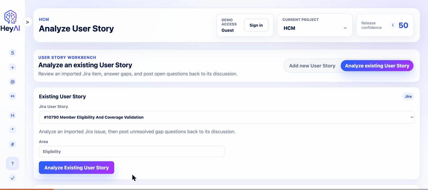 KontexIQ analyzing an existing user story and surfacing readiness gaps