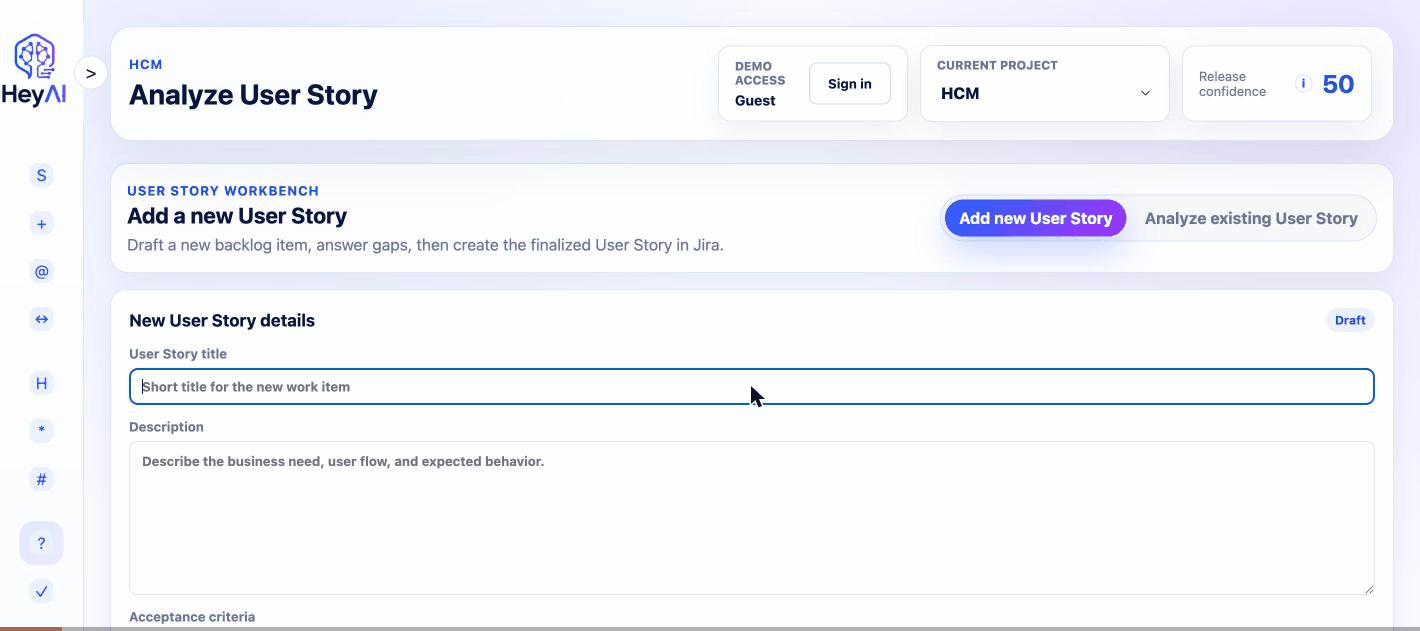 New user story analysis flow in KontexIQ
