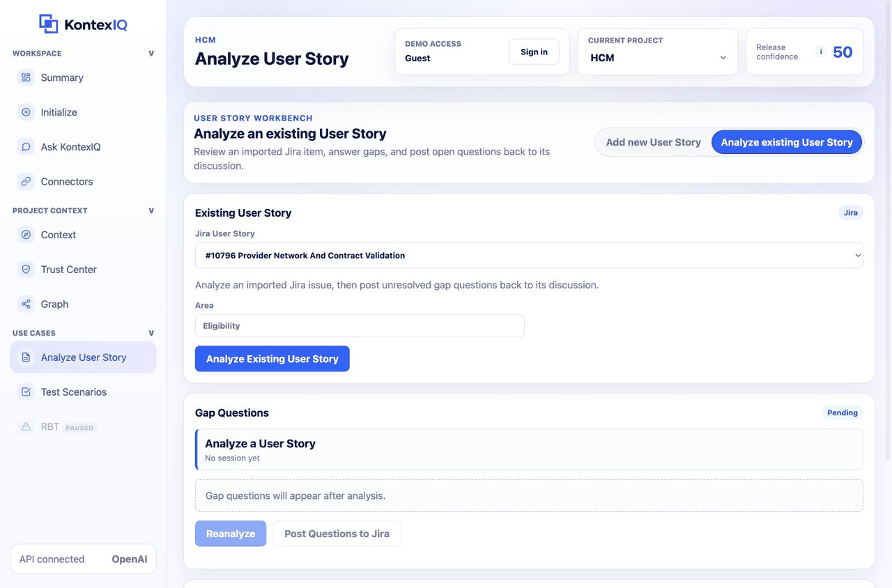 KontexIQ analyzing an existing user story and surfacing readiness gaps