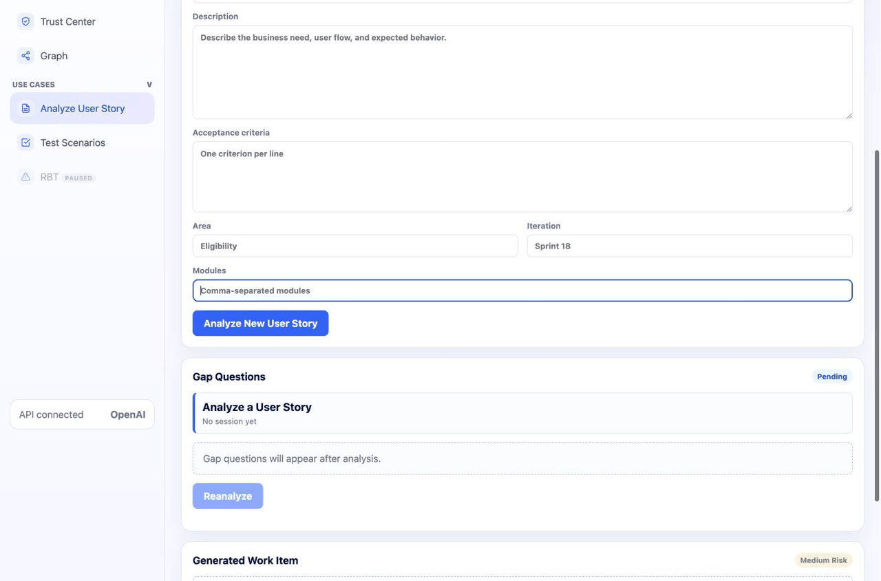 New user story analysis flow in KontexIQ